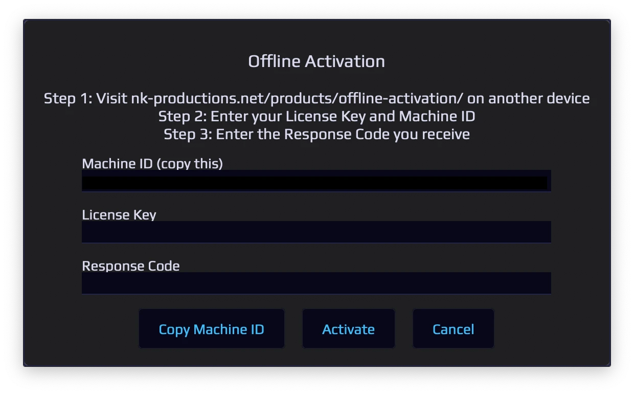 Offline Activation dialog — Machine ID, License Key and Response Code